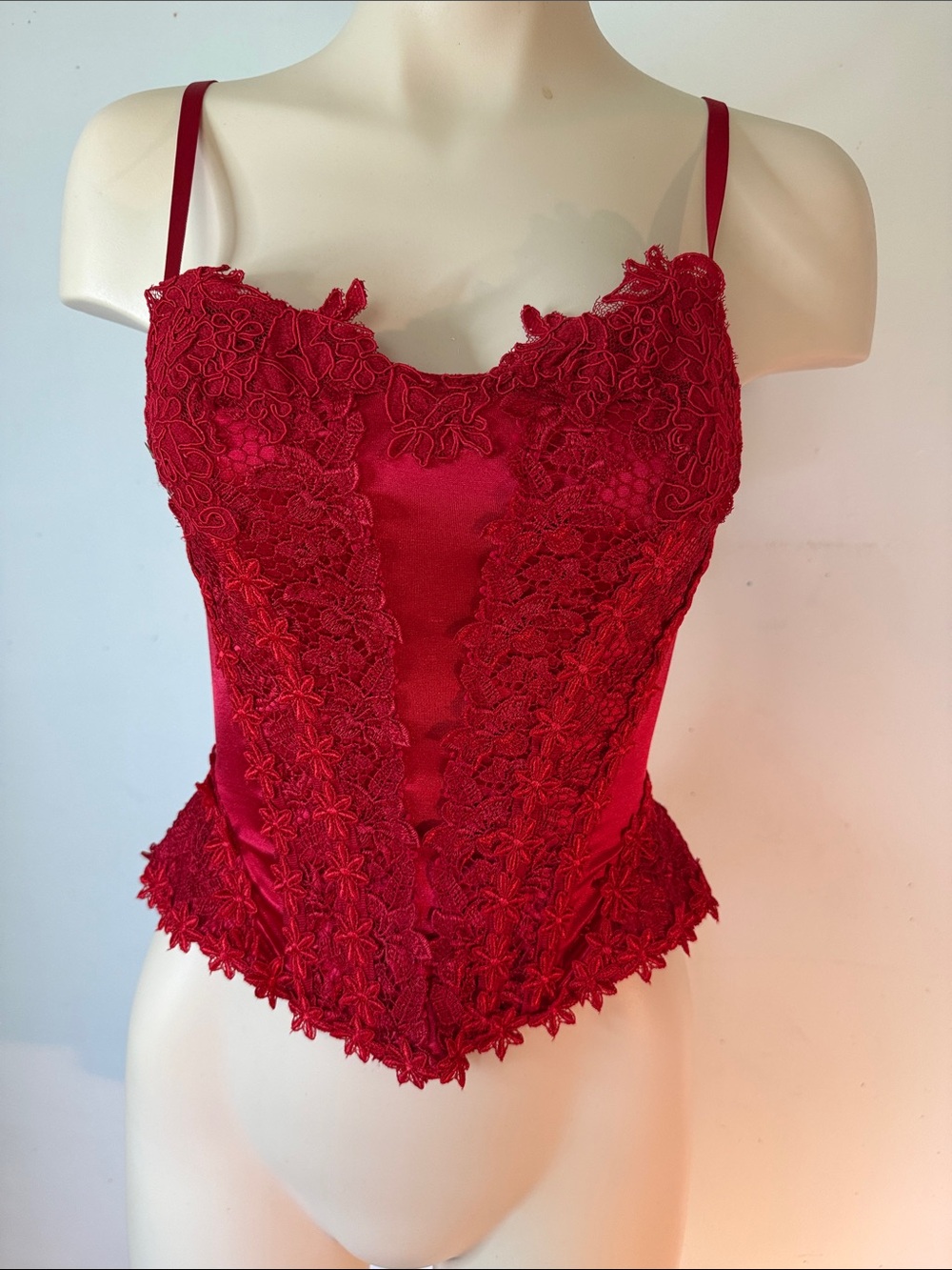 Red Lace-Embellished Satin Bustier Corset Top